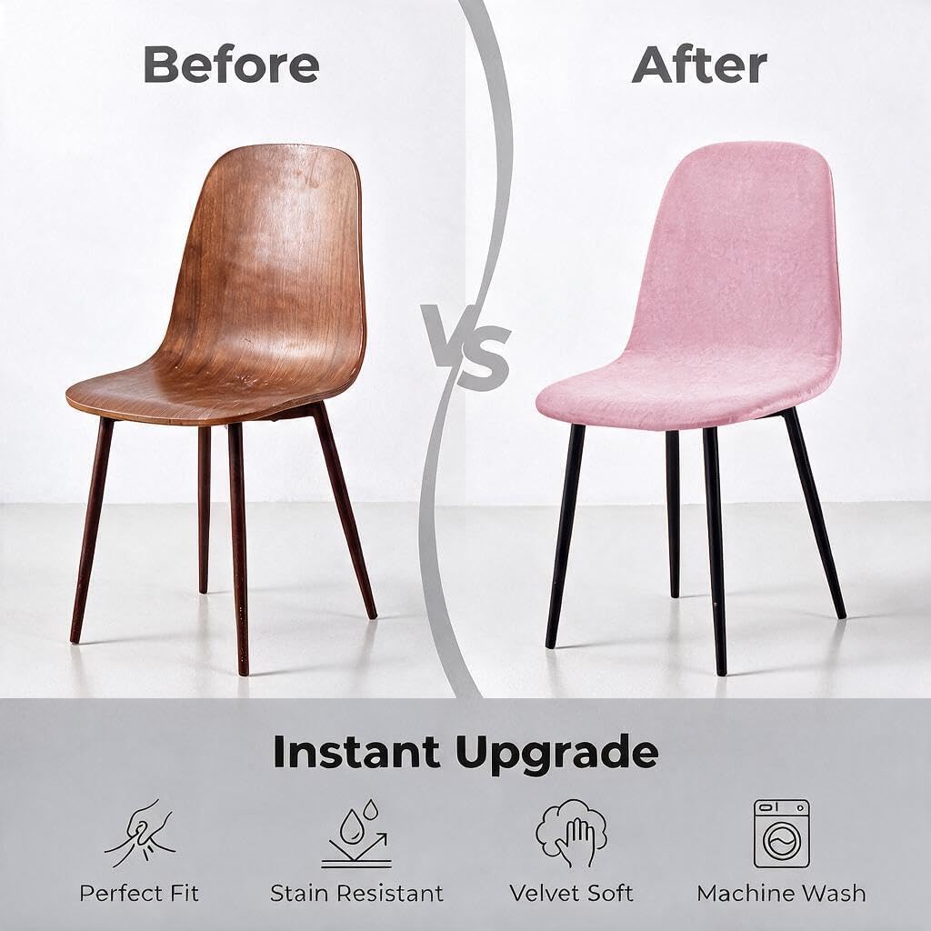 Pack of 4 Velvet Mid Century Modern Dining Chair Covers, Armless Chair Cover,Living Room Side Chair Slipcovers (Pink)