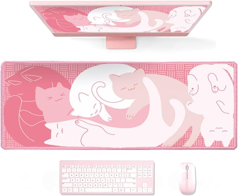 Gaming Mouse Pad XL Extended Anime Mouse Pad 31.5x11.8 inch, Large Cute Kawaii Big Computer Mouse Mat Desk Pad with Non-Slip Rubber Base and Stitched Edge for Home Office-Pink Cat