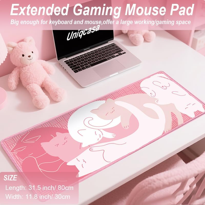 Gaming Mouse Pad XL Extended Anime Mouse Pad 31.5x11.8 inch, Large Cute Kawaii Big Computer Mouse Mat Desk Pad with Non-Slip Rubber Base and Stitched Edge for Home Office-Pink Cat