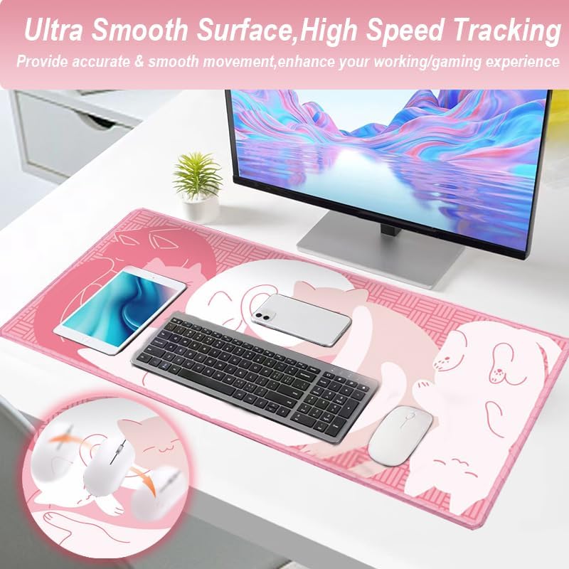 Gaming Mouse Pad XL Extended Anime Mouse Pad 31.5x11.8 inch, Large Cute Kawaii Big Computer Mouse Mat Desk Pad with Non-Slip Rubber Base and Stitched Edge for Home Office-Pink Cat