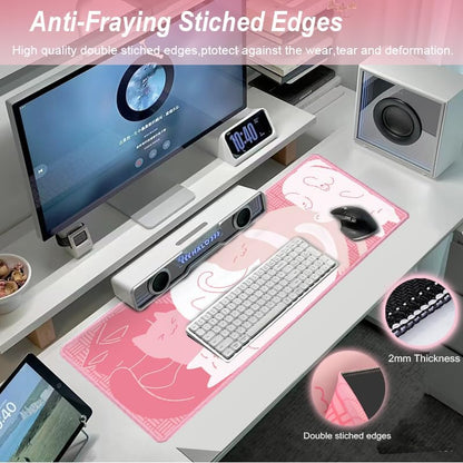 Gaming Mouse Pad XL Extended Anime Mouse Pad 31.5x11.8 inch, Large Cute Kawaii Big Computer Mouse Mat Desk Pad with Non-Slip Rubber Base and Stitched Edge for Home Office-Pink Cat