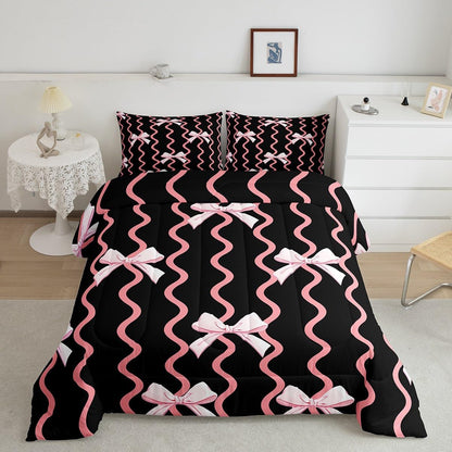 Bowknot Bedding Set Full Size Kids Cute Girls Comforter Cover Black Pink Duvet Cover Breathable Soft Lightweight Microfiber Quilt Set