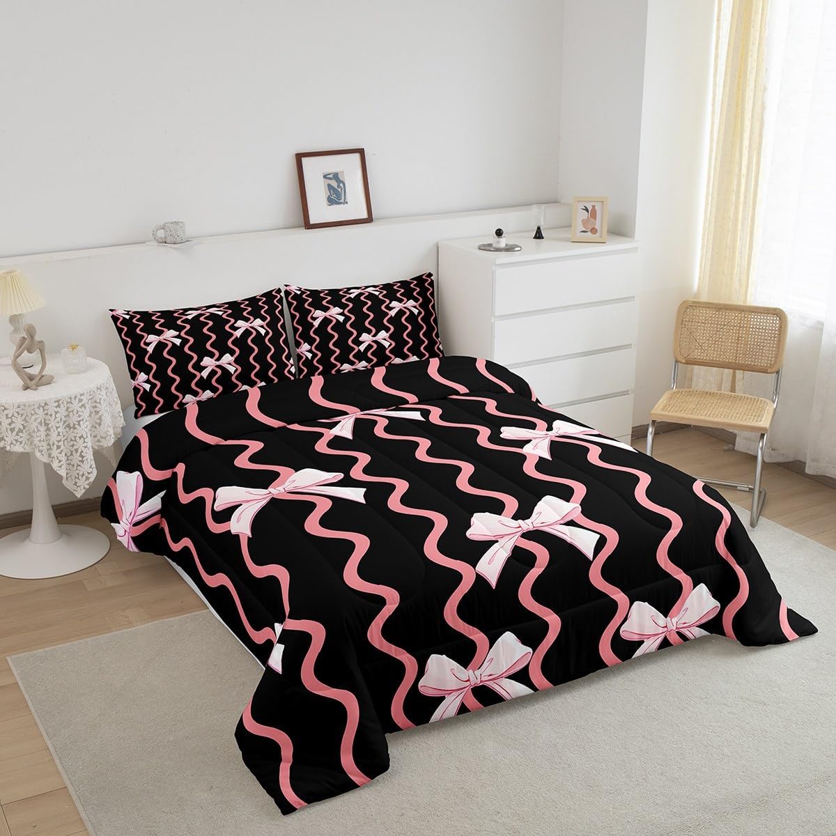 Bowknot Bedding Set Full Size Kids Cute Girls Comforter Cover Black Pink Duvet Cover Breathable Soft Lightweight Microfiber Quilt Set