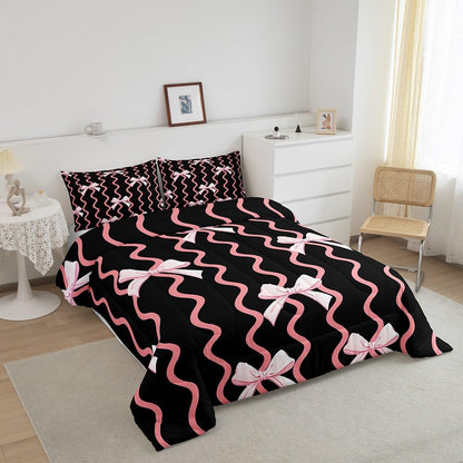 Bowknot Bedding Set Full Size Kids Cute Girls Comforter Cover Black Pink Duvet Cover Breathable Soft Lightweight Microfiber Quilt Set