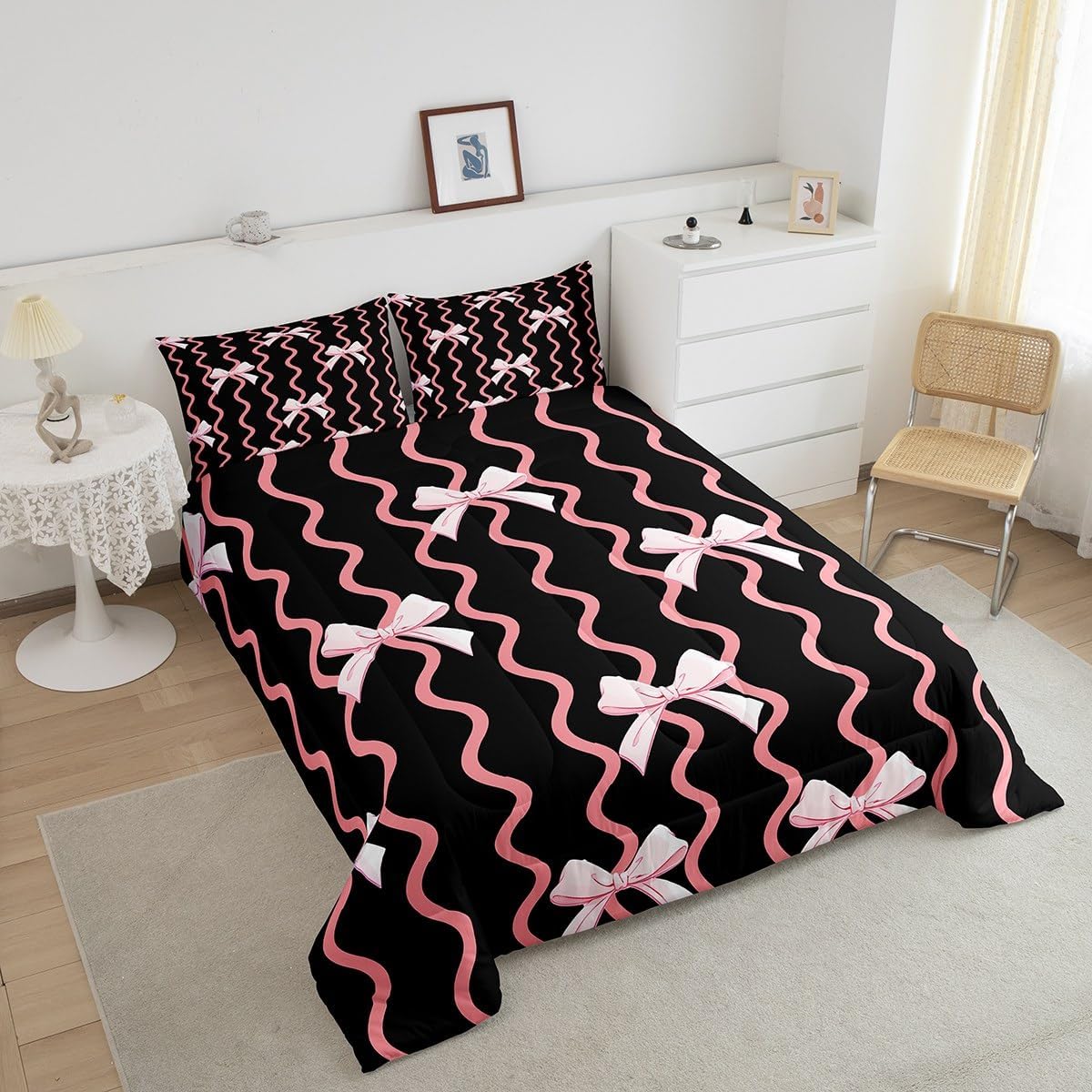 Bowknot Bedding Set Full Size Kids Cute Girls Comforter Cover Black Pink Duvet Cover Breathable Soft Lightweight Microfiber Quilt Set