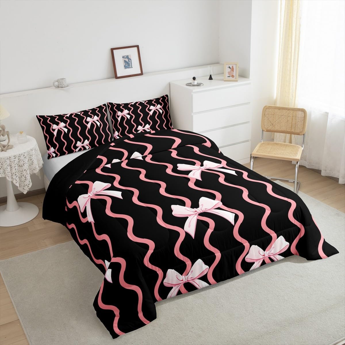 Bowknot Bedding Set Full Size Kids Cute Girls Comforter Cover Black Pink Duvet Cover Breathable Soft Lightweight Microfiber Quilt Set