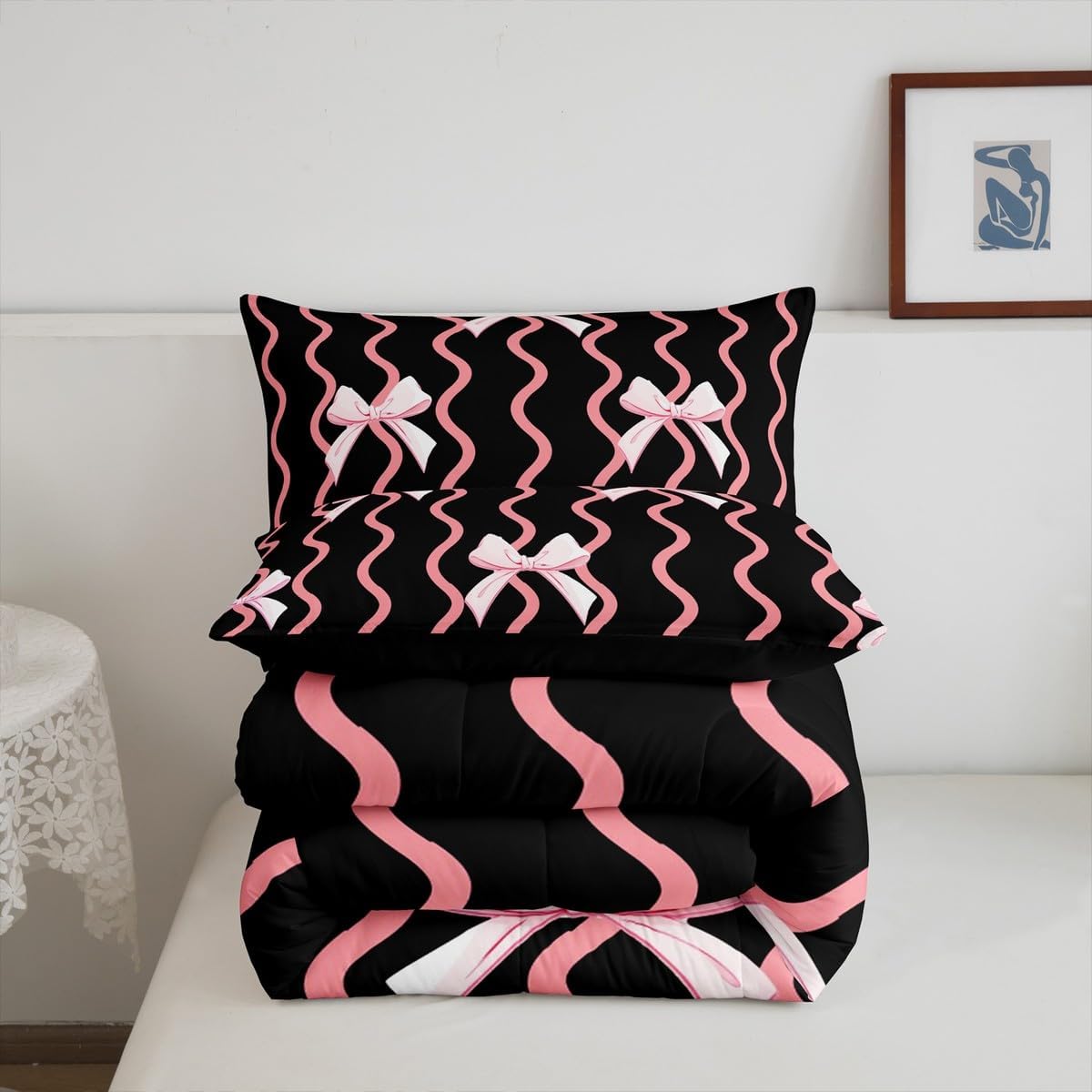 Bowknot Bedding Set Full Size Kids Cute Girls Comforter Cover Black Pink Duvet Cover Breathable Soft Lightweight Microfiber Quilt Set