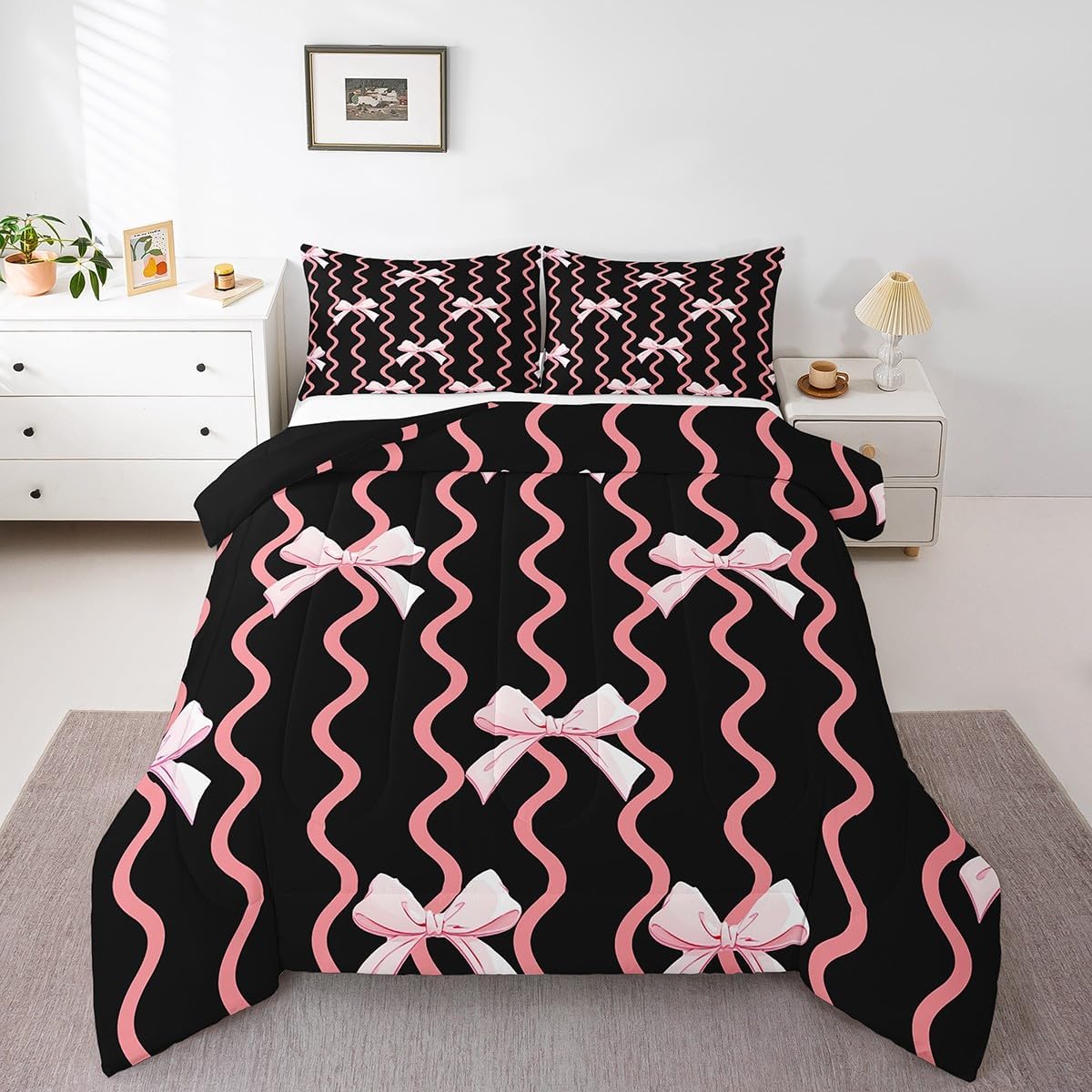 Bowknot Bedding Set Full Size Kids Cute Girls Comforter Cover Black Pink Duvet Cover Breathable Soft Lightweight Microfiber Quilt Set