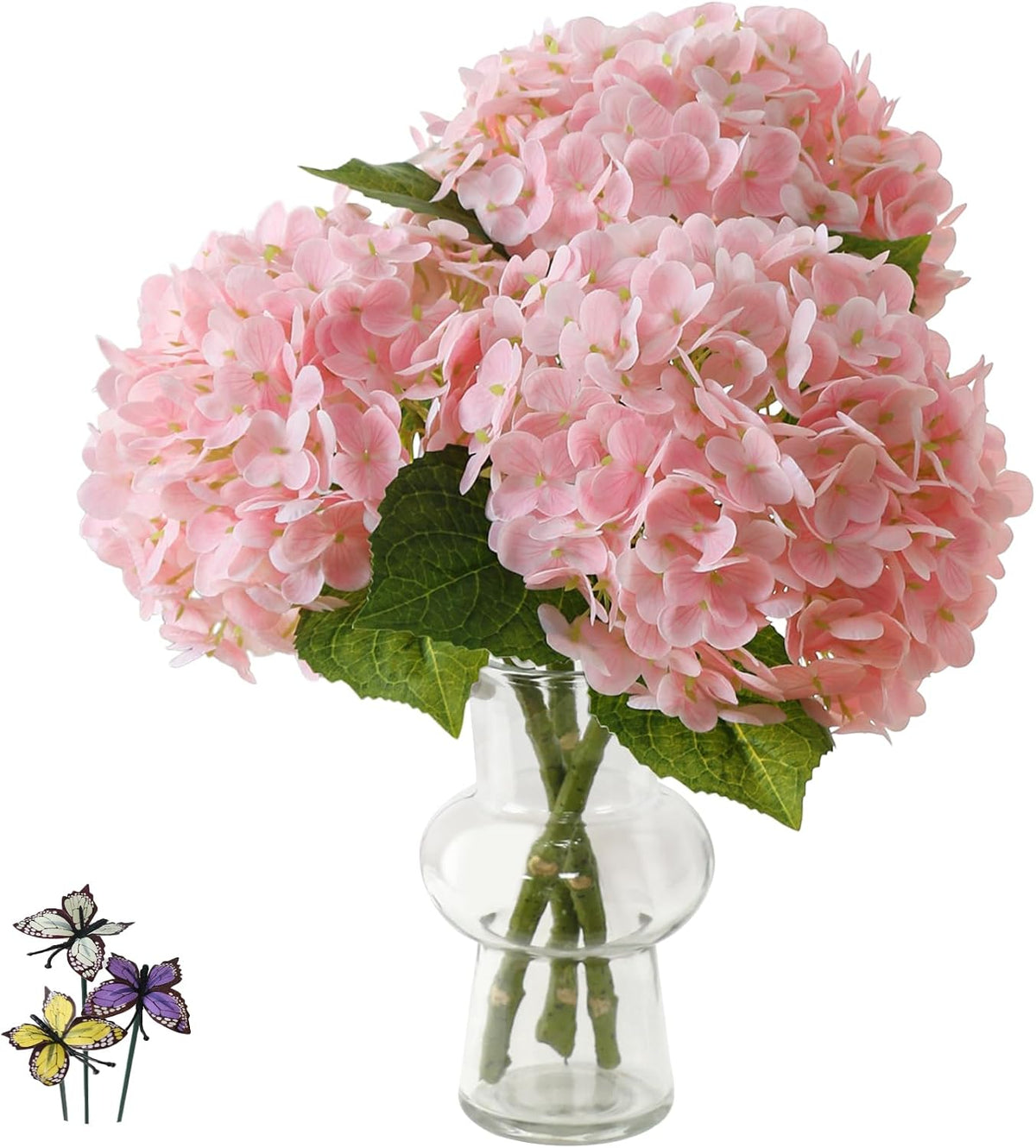 21" Pink Hydrangea Artificial Flowers,3 Pcs Real Touch Hydrangea Flowers with Butterflies for Centerpiece Table Decorations,Floral Arrangements for Coffee Table Decor,Living Room Decor