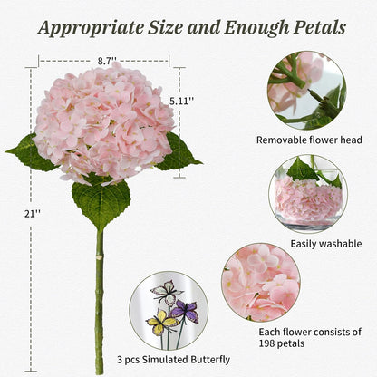 21" Pink Hydrangea Artificial Flowers,3 Pcs Real Touch Hydrangea Flowers with Butterflies for Centerpiece Table Decorations,Floral Arrangements for Coffee Table Decor,Living Room Decor