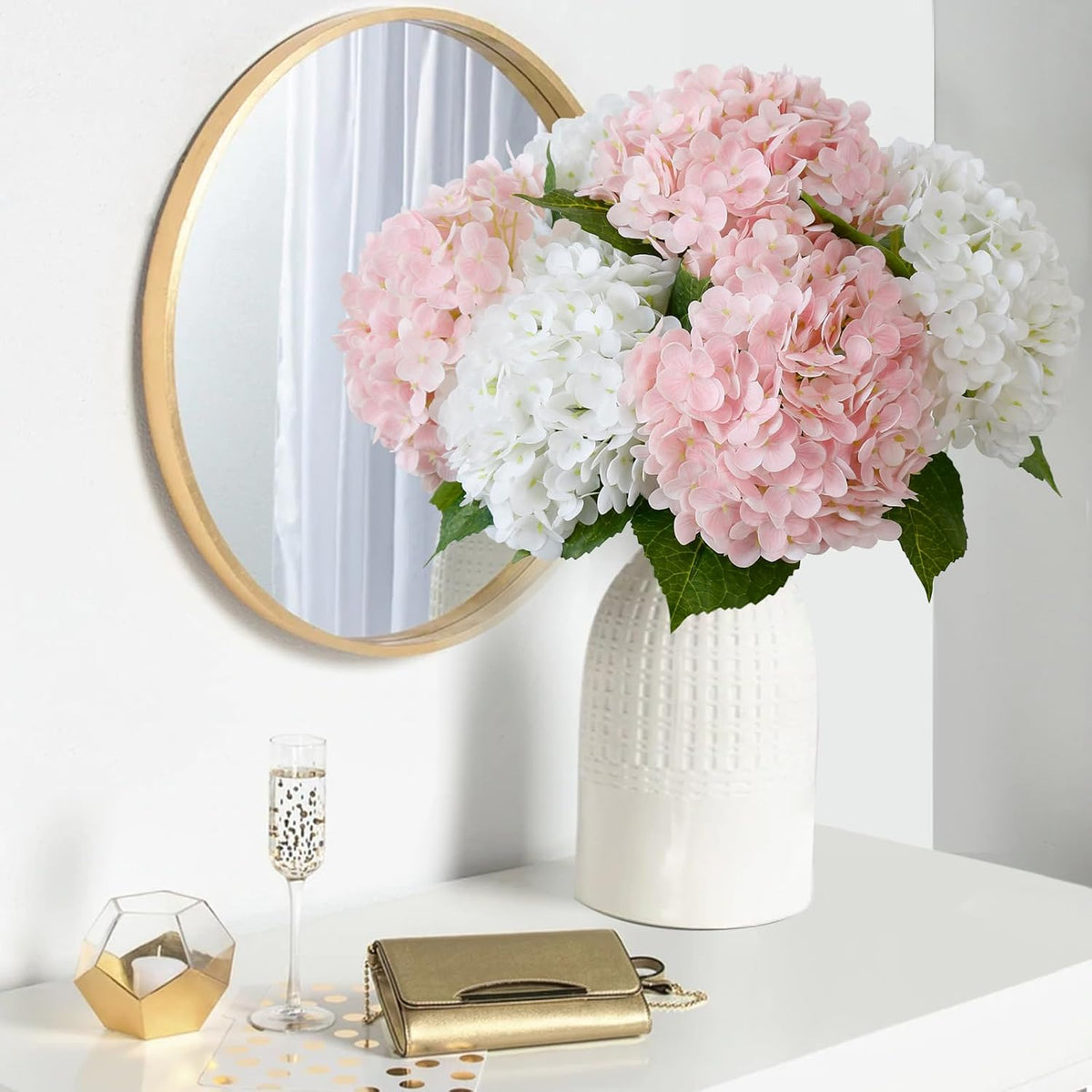 21" Pink Hydrangea Artificial Flowers,3 Pcs Real Touch Hydrangea Flowers with Butterflies for Centerpiece Table Decorations,Floral Arrangements for Coffee Table Decor,Living Room Decor