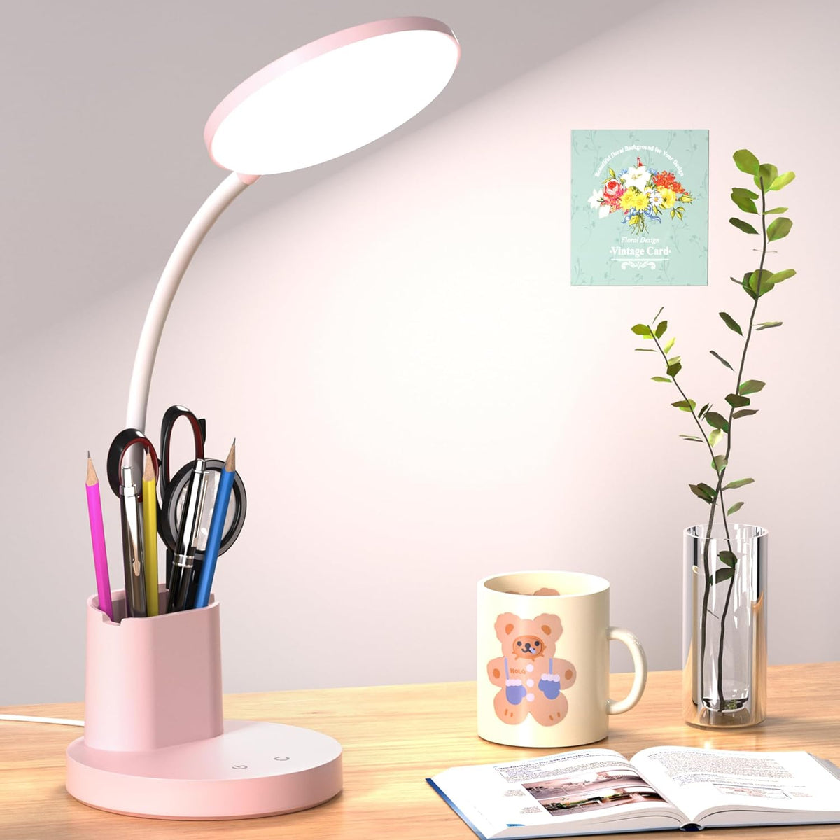 LED Desk Lamp for College Dorm with Pen Phone Holder, Pink