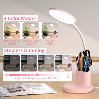LED Desk Lamp for College Dorm with Pen Phone Holder, Pink