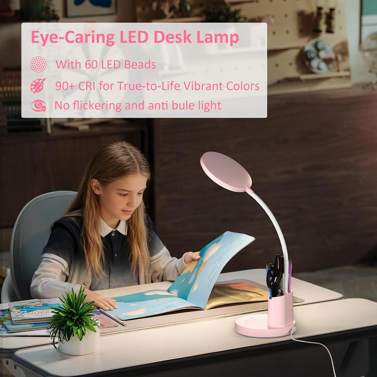 LED Desk Lamp for College Dorm with Pen Phone Holder, Pink