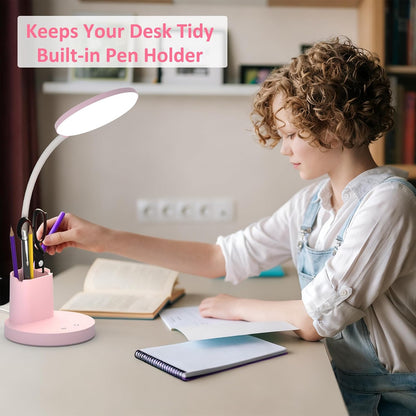 LED Desk Lamp for College Dorm with Pen Phone Holder, Pink
