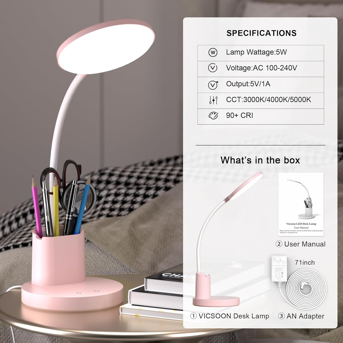 LED Desk Lamp for College Dorm with Pen Phone Holder, Pink