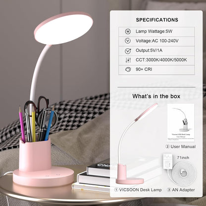 LED Desk Lamp for College Dorm with Pen Phone Holder, Pink