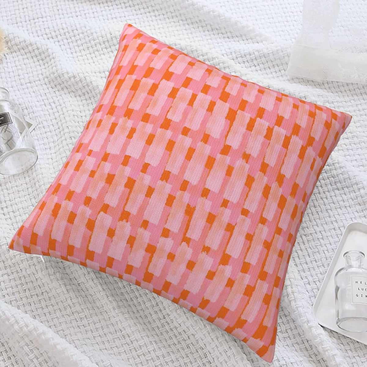 Pink and Orange Throw Pillow Home Set Comfortable Square Pink and Orange Velvet Pillowcase Brush Strokes Bed，Geometric PillowSofa Decoration Living Room Office Cushion Cover 18"x18"Inches