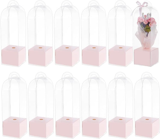 12Pcs Single Rose Flower Box Empty Bag, Clear Flower Packing Boxes Flower Gift Boxes for Graduation Wedding Birthday Floral Gift Floral Arrangement Supply, Pink
