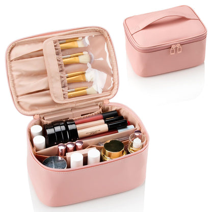 Pink Makeup Bag,Travel Makeup Organizer Bag, Large Capacity Cosmetic Bags For Women Large Travel Toiletry Bag Girls Traveling With Brush Slot And Divider