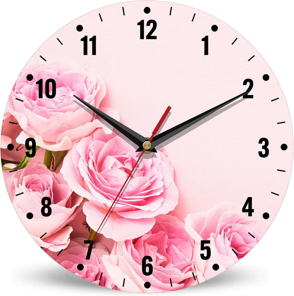 Wall Clock,Pink Roses Flowers Wall Clocks for Living Room Decor,Floral Kitchen Clocks Wall Battery Operated - 10 Inch Round Bathroom Wall Clock Silent Non-Ticking
