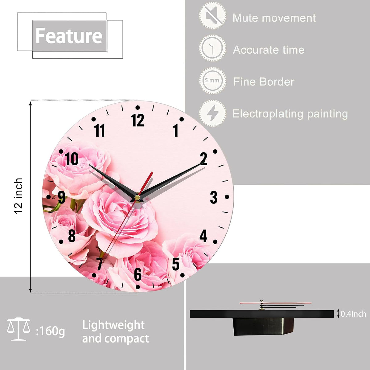 Wall Clock,Pink Roses Flowers Wall Clocks for Living Room Decor,Floral Kitchen Clocks Wall Battery Operated - 10 Inch Round Bathroom Wall Clock Silent Non-Ticking