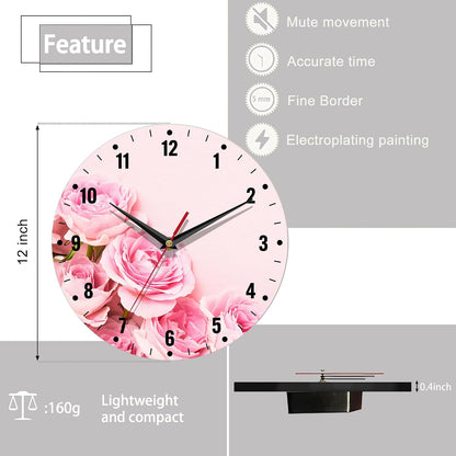 Wall Clock,Pink Roses Flowers Wall Clocks for Living Room Decor,Floral Kitchen Clocks Wall Battery Operated - 10 Inch Round Bathroom Wall Clock Silent Non-Ticking