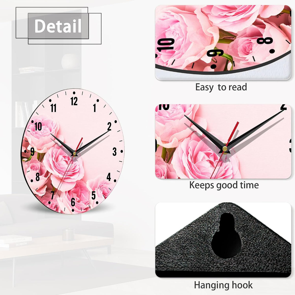 Wall Clock,Pink Roses Flowers Wall Clocks for Living Room Decor,Floral Kitchen Clocks Wall Battery Operated - 10 Inch Round Bathroom Wall Clock Silent Non-Ticking