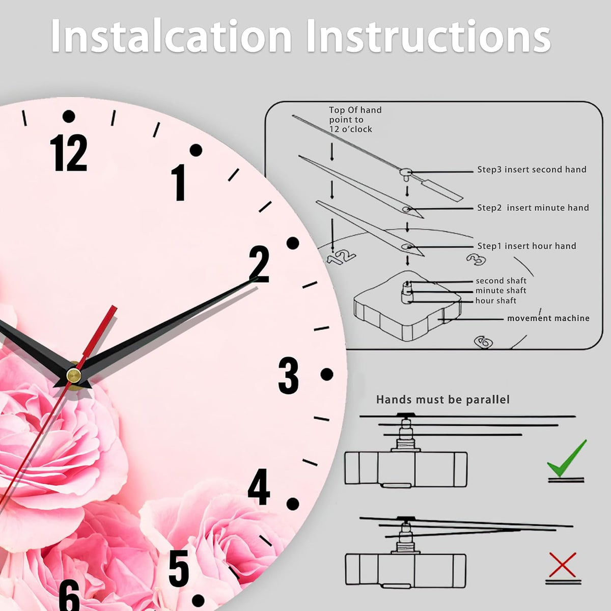 Wall Clock,Pink Roses Flowers Wall Clocks for Living Room Decor,Floral Kitchen Clocks Wall Battery Operated - 10 Inch Round Bathroom Wall Clock Silent Non-Ticking