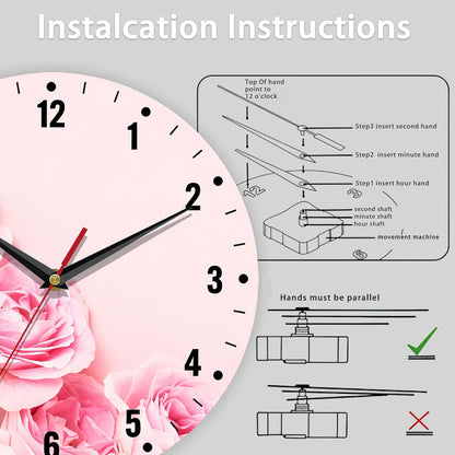 Wall Clock,Pink Roses Flowers Wall Clocks for Living Room Decor,Floral Kitchen Clocks Wall Battery Operated - 10 Inch Round Bathroom Wall Clock Silent Non-Ticking