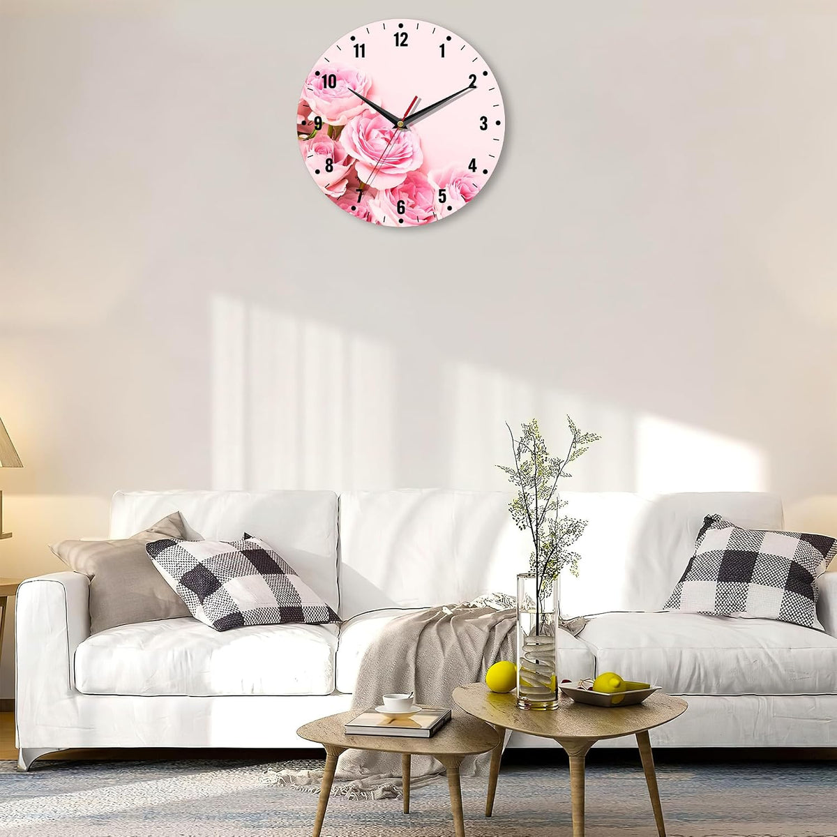 Wall Clock,Pink Roses Flowers Wall Clocks for Living Room Decor,Floral Kitchen Clocks Wall Battery Operated - 10 Inch Round Bathroom Wall Clock Silent Non-Ticking