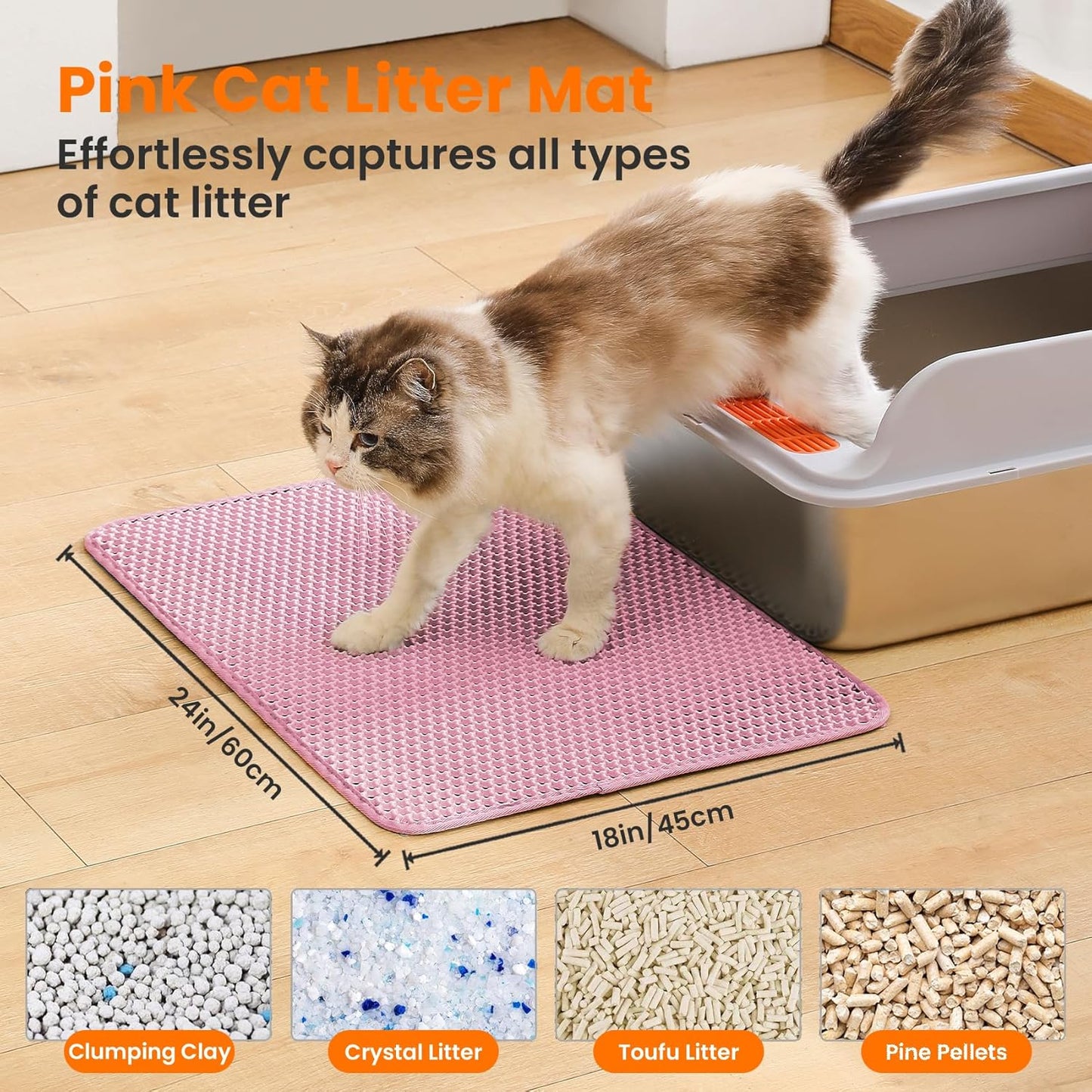 Cat Litter Mat, Double Layer Honeycomb Cat Litter Trapping Mat, Non Slip Waterproof Urine Proof Cat Litter Box Mat for Floor, Kitty Litter Rug, Cat Supplies, Pink, 24x18 Inches