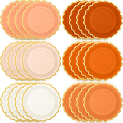 48 Pcs Sage Paper Plates 9 Inch Scalloped Orange Beige Peach