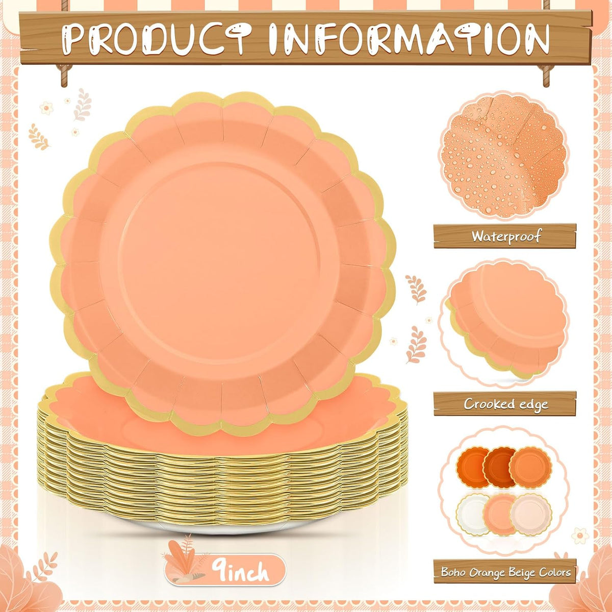48 Pcs Sage Paper Plates 9 Inch Scalloped Orange Beige Peach
