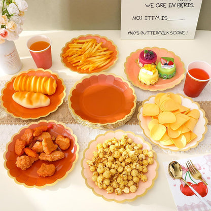 48 Pcs Sage Paper Plates 9 Inch Scalloped Orange Beige Peach