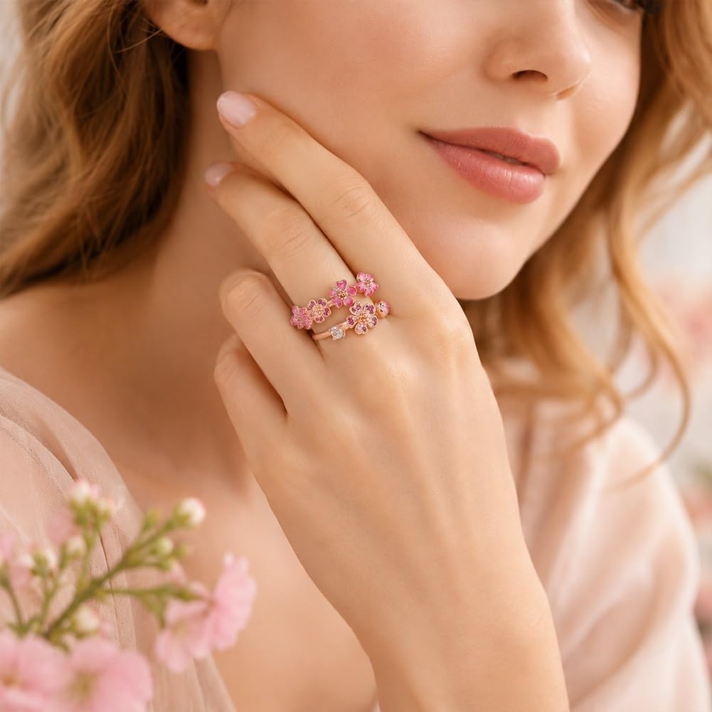 Peach Cherry Blossom Ring, Peach Blossom Ring, Pink Peachs Blossom Flower Branch Open Ring, Rose Gold Blosso𝐦 Rin𝐠, Adjustable With A Gift Box, Carved Hollow Flower Set