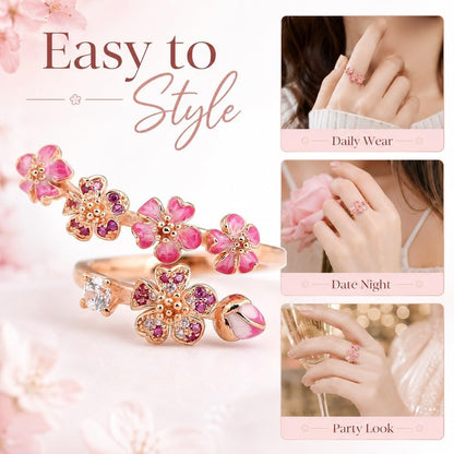 Peach Cherry Blossom Ring, Peach Blossom Ring, Pink Peachs Blossom Flower Branch Open Ring, Rose Gold Blosso𝐦 Rin𝐠, Adjustable With A Gift Box, Carved Hollow Flower Set