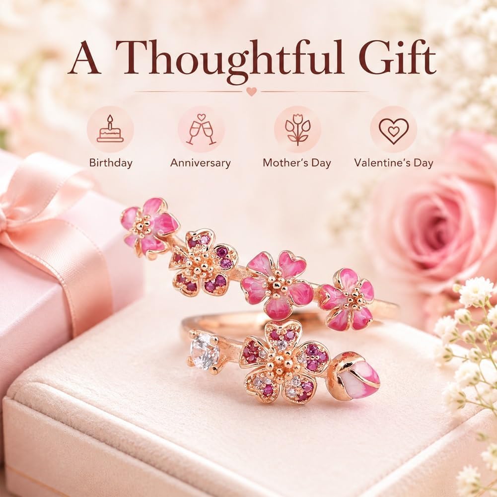 Peach Cherry Blossom Ring, Peach Blossom Ring, Pink Peachs Blossom Flower Branch Open Ring, Rose Gold Blosso𝐦 Rin𝐠, Adjustable With A Gift Box, Carved Hollow Flower Set