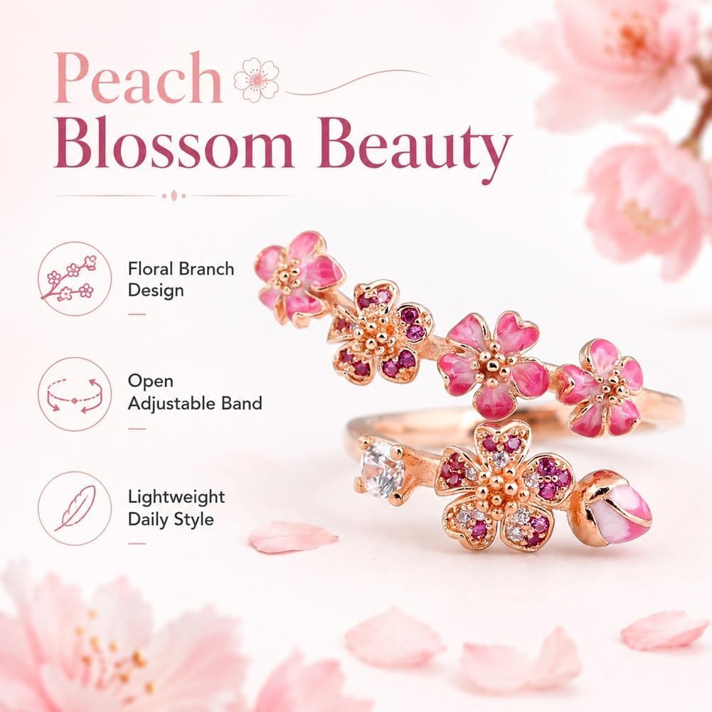 Peach Cherry Blossom Ring, Peach Blossom Ring, Pink Peachs Blossom Flower Branch Open Ring, Rose Gold Blosso𝐦 Rin𝐠, Adjustable With A Gift Box, Carved Hollow Flower Set