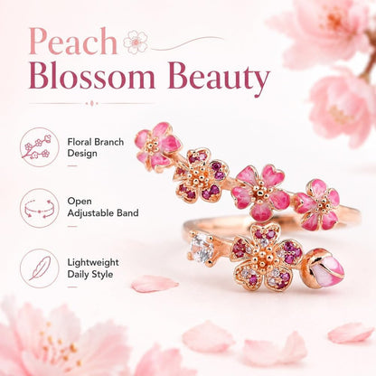 Peach Cherry Blossom Ring, Peach Blossom Ring, Pink Peachs Blossom Flower Branch Open Ring, Rose Gold Blosso𝐦 Rin𝐠, Adjustable With A Gift Box, Carved Hollow Flower Set