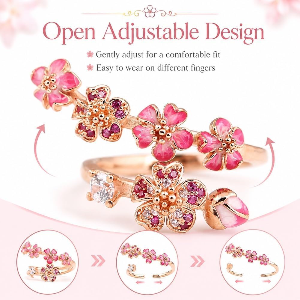 Peach Cherry Blossom Ring, Peach Blossom Ring, Pink Peachs Blossom Flower Branch Open Ring, Rose Gold Blosso𝐦 Rin𝐠, Adjustable With A Gift Box, Carved Hollow Flower Set