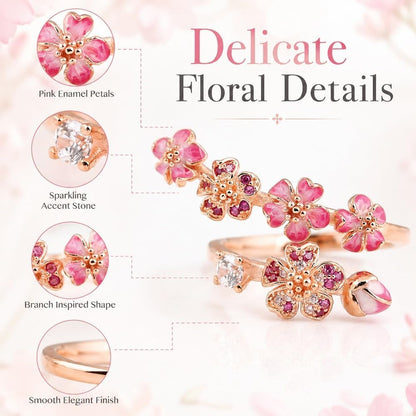 Peach Cherry Blossom Ring, Peach Blossom Ring, Pink Peachs Blossom Flower Branch Open Ring, Rose Gold Blosso𝐦 Rin𝐠, Adjustable With A Gift Box, Carved Hollow Flower Set