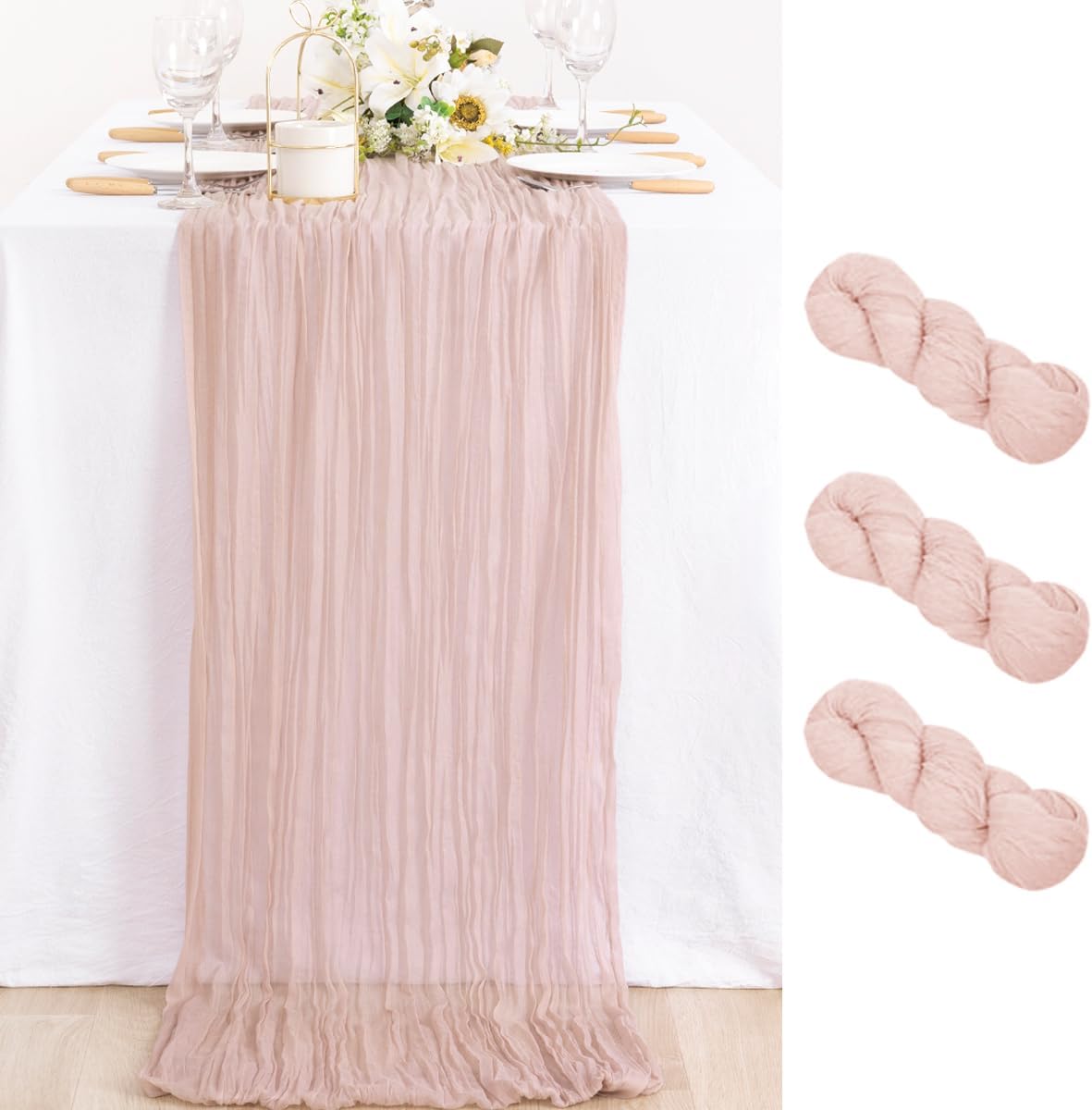 3 Pack Pink Table Runner 10ft Rustic Gauze Cheesecloth Table Decor