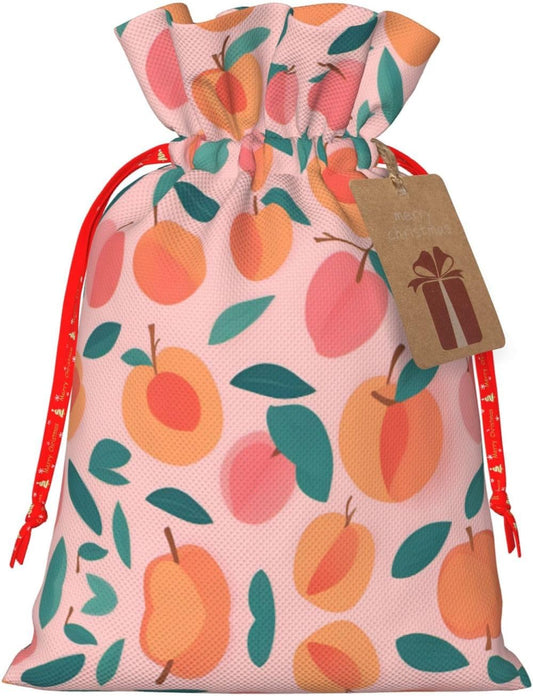 Pink Peach Pattern Seamless Pattern Printing 4.7x6.9 In Christmas Bag With Drawstring And Cute Kraft Tag, Fits Gifts And Daily Small Items