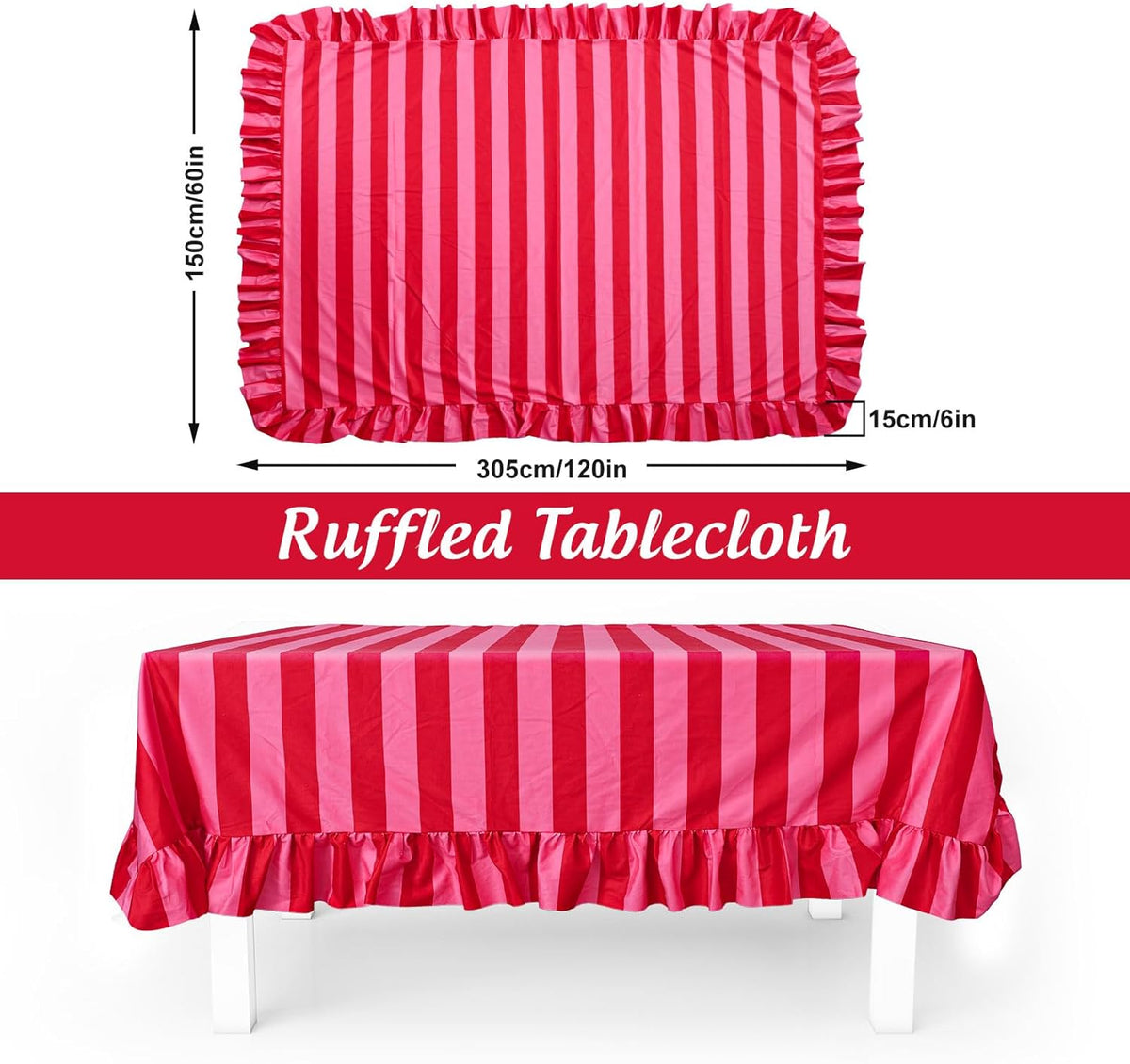 Ruffle Tablecloth Table Cloth Boho Pink Red Striped Rectangle Decorative Table Cover for Home Kitchen Baby Shower Party Wedding Decor, 60 x 120 Inch