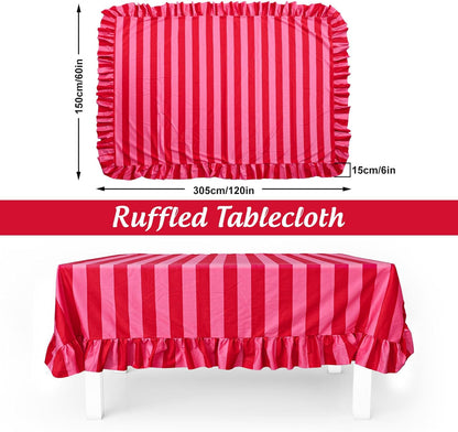Ruffle Tablecloth Table Cloth Boho Pink Red Striped Rectangle Decorative Table Cover for Home Kitchen Baby Shower Party Wedding Decor, 60 x 120 Inch
