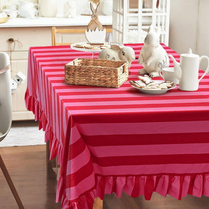 Ruffle Tablecloth Table Cloth Boho Pink Red Striped Rectangle Decorative Table Cover for Home Kitchen Baby Shower Party Wedding Decor, 60 x 120 Inch