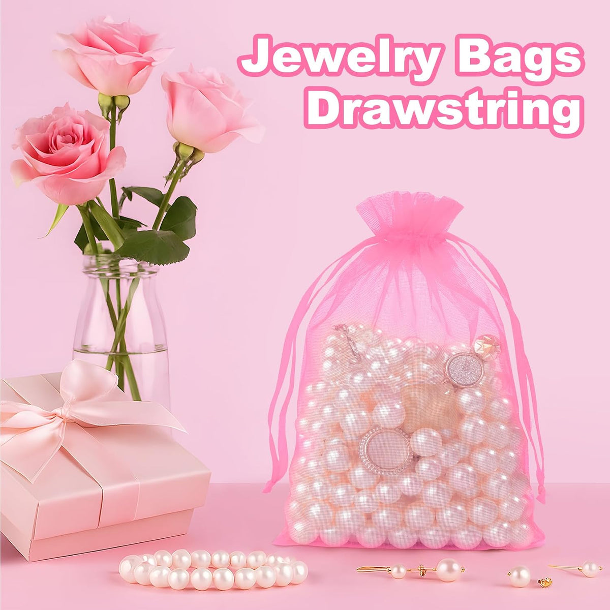 50 Pcs Organza Bags 3x4, Pink Small Mesh Gift Bags Drawstring Bulk