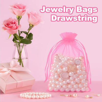 50 Pcs Organza Bags 3x4, Pink Small Mesh Gift Bags Drawstring Bulk