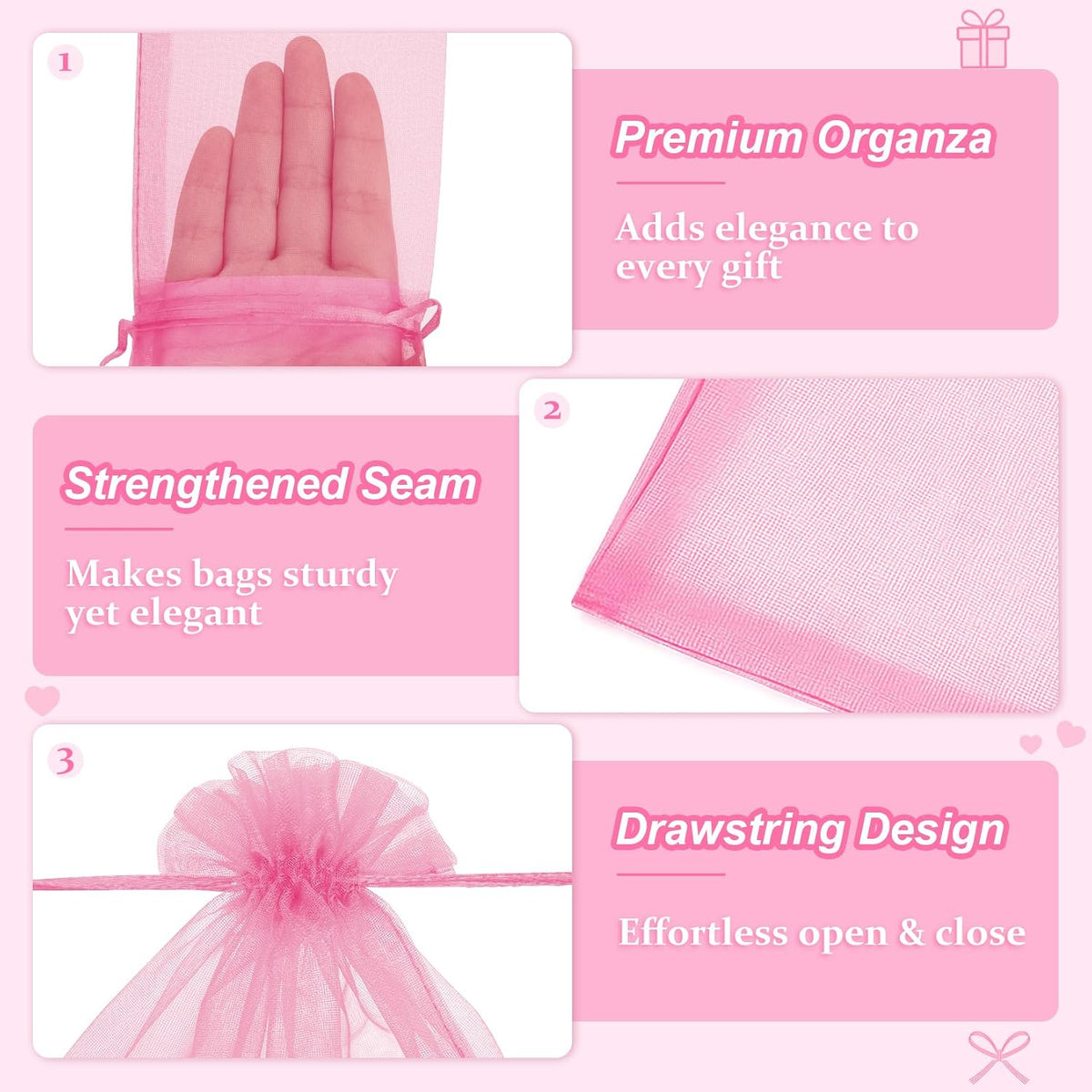 50 Pcs Organza Bags 3x4, Pink Small Mesh Gift Bags Drawstring Bulk